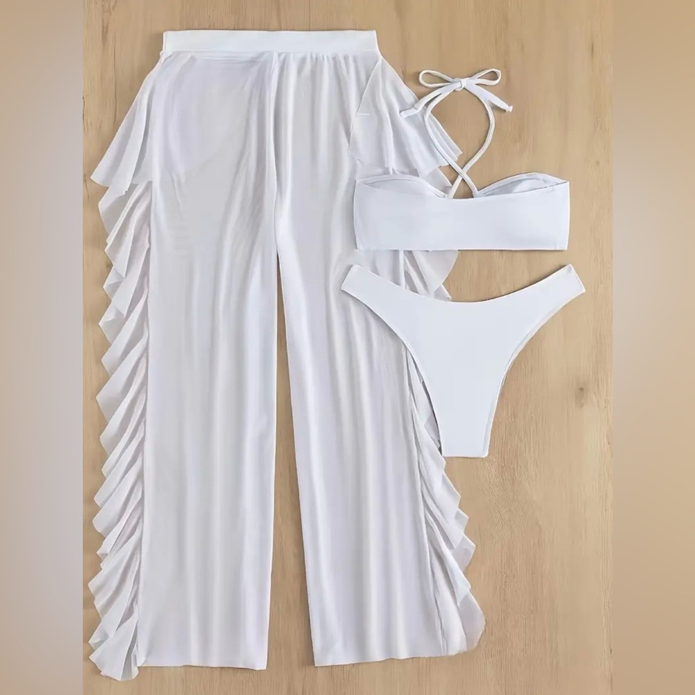 3pc White Crisscross Top Bikini Set with Sheer Mesh Ruffle Cover-Up Pants - Picture 9 of 12